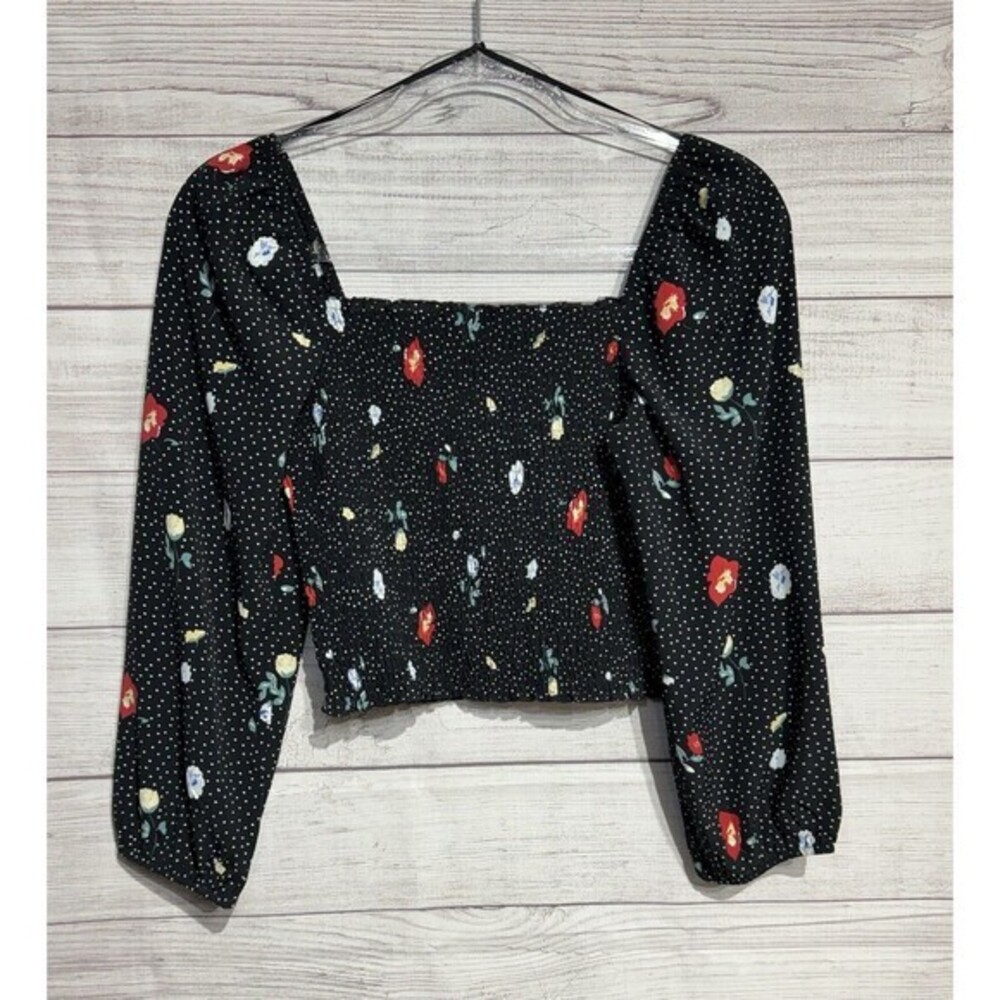 Cocktail Crop Top Floral Womens Size S Puffed Blue Polka Smocked Navy Prairie AF